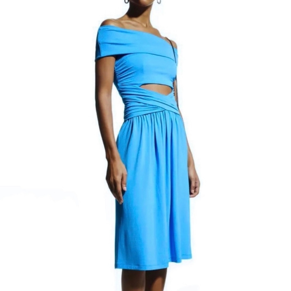 NEW ALBERTA FERRETTI BLUE OFF-THE-SHOULDER MIDI DRESS